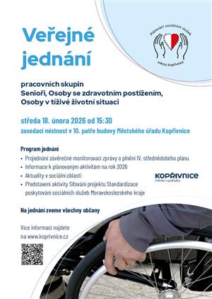 Veřejné jednání - pracovních skupin Senioři, Osoby se zdravotním postižením, Osoby v tíživé životní situaci - plakát