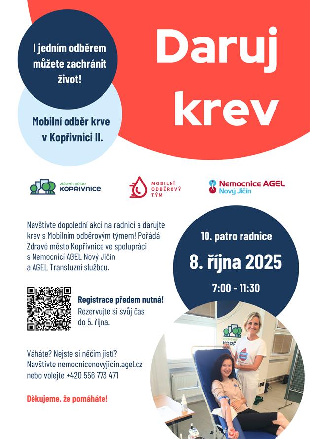 Daruj krev se Zdravým městem Kopřivnice - mobilní odběrový tým na radnici, říjen 9