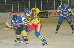 Vítězný tým městské hokejové ligy BAH (ve světlejších dresech) porazil ve svém závěrečném utkání sezony 2004/05 Netopýry Frýdek-Místek.<br/>
FOTO: LUBOSLAV KAPSA