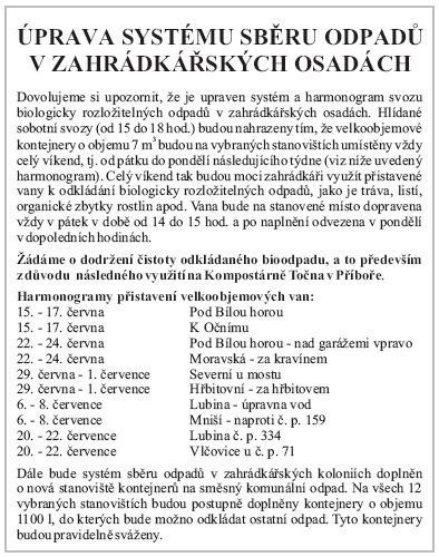 ÚPRAVA SYSTÉMU SBĚRU ODPADÙ
V ZAHRÁDKÁŘSKÝCH OSADÁCH