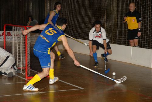 Soupeř z Pelhřimova (v bílém) byl na kopřivnické palubovce vydán na milost a nemilost domácímu FBC Vikings. Kopřivničané hosty viditelně přehrávali a porazili vysoko 6:0.<br/>   FOTO: DAVID MACHÁČEK