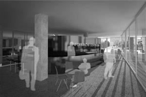 Vizualizace možné podoby části vestibulu kulturního domu s pracovištěm informačního centra. Rekonstrukce by mohla začít už za rok.
REPRO: KAMIL MRVA ARCHITECTS