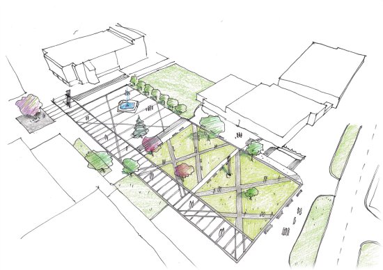 Skica možného budoucího vzhledu centrální části Kopřivnice, pokud by byla realizována jeho navrhovaná očista.
REPRO: KOMISE PRO ARCHITEKTURU A URBANISMUS