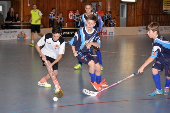 Florbalové utkání starších žáků v okresním finále mezi ZŠ Alšova (ve světlém) a ZŠ E. Zátopka skončilo smírně 2:2, ale postup do kraje nakonec vybojovala Alšovka.
FOTO: KRISTINA ČABLOVÁ