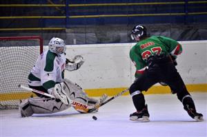 Hráč mužstva Palkovic Morys neproměnil tento brejk ve finálovém utkání druhé ligy amatérských hráčů ledního hokeje proti celku Staříče.
FOTO: KRISTINA ČABLOVÁ
