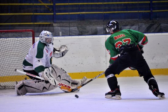 Hráč mužstva Palkovic Morys neproměnil tento brejk ve finálovém utkání druhé ligy amatérských hráčů ledního hokeje proti celku Staříče.
FOTO: KRISTINA ČABLOVÁ
