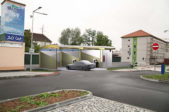 Vizualizace odhalující budoucí možné umístění samoobslužné myčky automobilů v bezprostřední blízkosti nového parkoviště na Husově ulici.
REPRO: SLUMEKO
