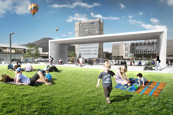 Vizualizace vzhledu dominantního architektonického prvku připravované rekonstrukce centra Kopřivnice. ‘Brána’ bude sloužit mimo jiné jako zastřešené pódium.
REPRO: ARCHIV