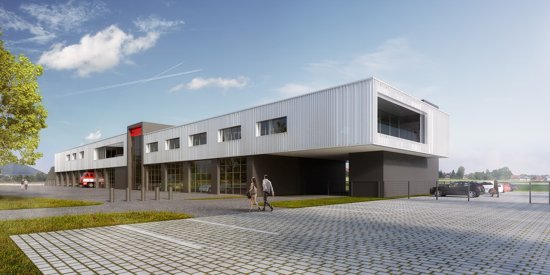 Vizualizace možné podoby budoucího Integrovaného výjezdového centra, které chtějí krajští záchranáři a hasiči vybudovat u Průmyslové zóny ve Vlčovicích.
REPRO: HZS MSK