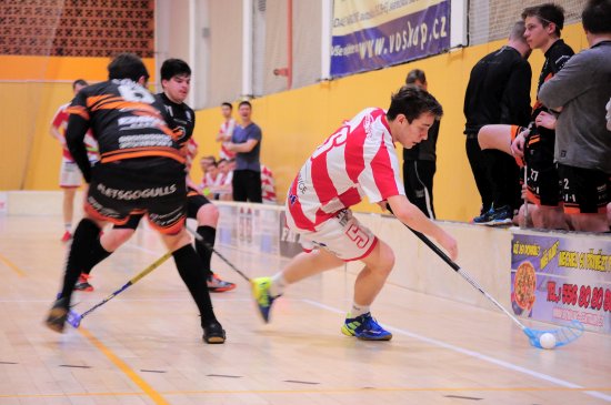 Jakub Kostelník (FBC Vikings Kopřivnice) se snaží ve druhé třetině třetího zápasu čtvrtfinále play-off proti Brnu proniknout k brance soupeře.
FOTO: KRISTINA ČABLOVÁ