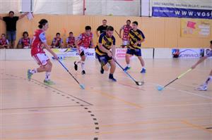 Florbalisté FBC Vikings Kopřivnice (v pruhovaných dresech) v tomto utkání s Trenčínem na domácím turnaji prohráli a nakonec obsadili poslední místo.
FOTO: KRISTINA ČABLOVÁ