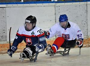 Na kopřivnickém ledě se v exhibičním utkání střetli para hokejisté České republiky a Slovenska. Trenérem ČR byl původem místní hokejista Jiří Bříza.
FOTO: KRISTINA ČABLOVÁ
