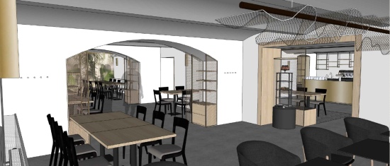 Jedna z vizualizací možného budoucího vzhledu restaurace v suterénu Ringhofferovy vily, která je součástí nedávno dokončené
architektonické studie jejího interiéru. REPRO: MONIKA DRHOLECKÁ a HANA ŠRAJEROVÁ