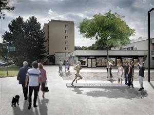 Vizualizace možného budoucího umístění sochy Emila Zátopka, tak, jak byla představena kopřivnické veřejnosti na pondělní prezentaci. O pořízení a umístění sochy budou za týden jednat i zastupitelé. 
REPRO: MĚSTO KOPŘIVNICE