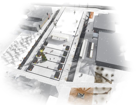 Zimní vizualizace budoucí podoby centra města podle návrhu zdejšího studia Kamil Mrva Architects. Tak by měl střed Kopřivnice vypadat za tři roky.
REPRO: MĚSTO KOPŘIVNICE