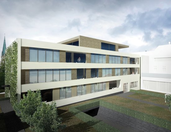 Vizualizace budoucí podoby přístavby ZŠ Náměstí z pohledu od ulice Husovy. V objektu by mohly vzniknout skoro dvě desítky bytů.
REPRO: MĚSTO KOPŘIVNICE