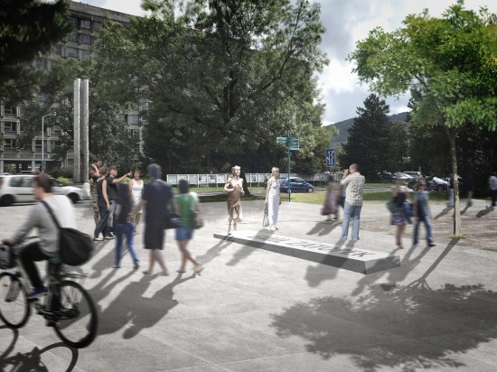 Bronzová socha Emila Zátopka by podle schváleného návrhu měla být součástí opravené pěší zóny v centru města. Odhalena by měla být už za rok.    
REPRO: MÚ KOPŘIVNICE