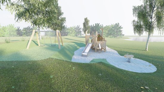 Vizualizace nového dětského hřiště, které by mělo vzniknout na Větřkovické přehradě. Realizováno by mohlo být ještě před začátkem letní sezony.
REPRO: MĚSTO KOPŘIVNICE