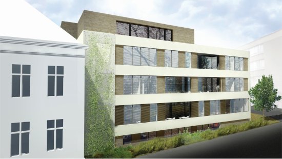 Vizualizace budoucí podoby přístavby ZŠ Náměstí, která by se měla proměnit v objekt pro bydlení. Hledaná projekční firma se touto studií musí řídit.
REPRO: MÚ KOPŘIVNICE