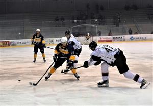 Hokejisté Kopřivnice šli v 5. minutě do vedení brankou Adama Urbana (v tmavším dresu s pukem, vzadu obránce Miroslav Marek). Nakonec brali domácí jen bod.
FOTO: MAREK HAVRAN