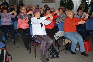 Na semináři Den s fyzioterapeutkou si přítomní pod jejím vedením vyzkoušeli cviky, které jim mají pomoci od bolesti páteře a horních končetin. FOTO: DANA HOĎÁKOVÁ