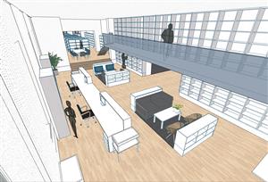 Vizualizace centrálního výpůjčního prostoru budoucí knihovny tak, jak jej v přízemí někdejší ZŠ Náměstí navrhuje schválená architektonická studie. REPRO: MĚSTSKÝ ÚŘAD KOPŘIVNICE