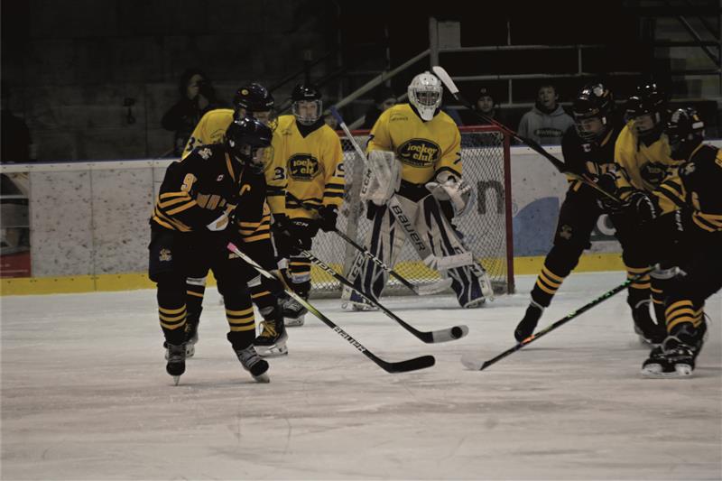 Kopřivničtí deváťáci (světlejší dresy) v posledním utkání starého roku před zaplněnou halou porazili kanadské vrstevníky 8:6. FOTO: MAREK HAVRAN