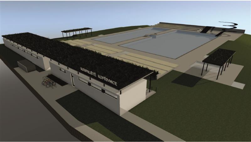 Vizualizace znázorňující budoucí podobu kopřivnického koupaliště. Studie, která vznikla přímo na radnici, bude podkladem pro další projekční práce. REPRO: MĚSTO KOPŘIVNICE