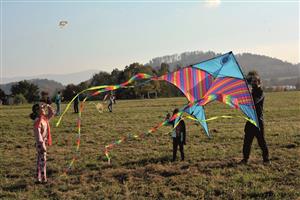 Zhruba 150 lidí a čtyři desítky draků využili krásného větrného počasí a sešli se na tradiční Vlčovické drakiádě. FOTO: DAVID MACHÁČEK