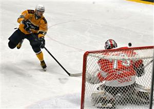 Kopřivnický útočník Michal Dang takto těsně neproměnil nájezd ve čtvrté sérii. Mrzet ho to ale nemuselo, domácí tým nakonec Vyškov porazil.