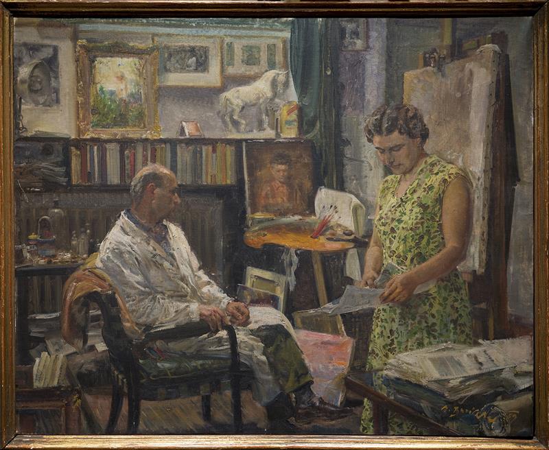 Na olejomalbě z roku 1959 zachytil Zdeněk Burian sama sebe ve svém pražském ateliéru.