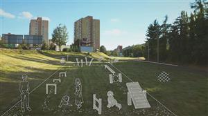 Ideový návrh budoucího „psího hřiště“, které by mělo v příštím roce jako vítězný Koprojekt vyrůst  v sousedství supermarketu Tesco.